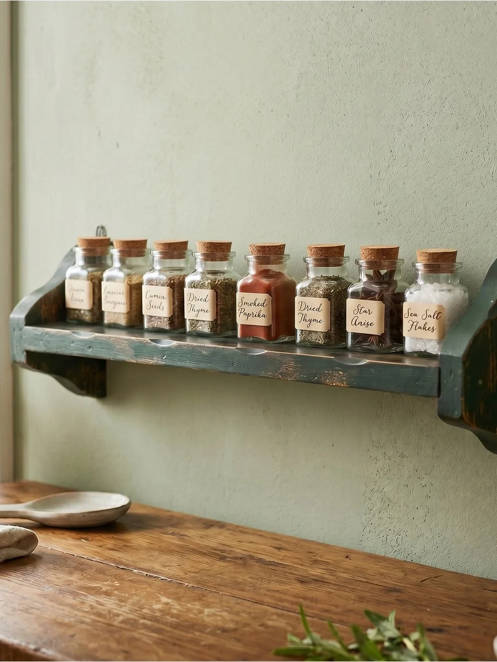 Vintage Wall Shelf w Plate Grove Green Distressed Wood Display Farmhouse Country
